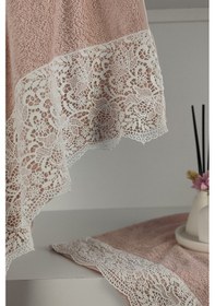 Resim Gipür Dantelli Banyo Havlusu Takımı-%100 Pamuk Banyo Seti-gelin Havlusu Gulkurusu Gül Kurusu 