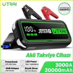 Resim UTRAI Jstar 8 74Wh 20000mAh 3000A Jump Starter Taşınabilir Akü Takviye Cihazı ( Powerbank + Led Lamba + Taşıma Kılıfı + LCD Ekran ) 
