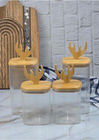 Resim Hometarz Boynuz Şekilli Cam Kavanoz Seti - Borosilikat Cam Kavanoz Takımı - 4'lü Set Bambu 
