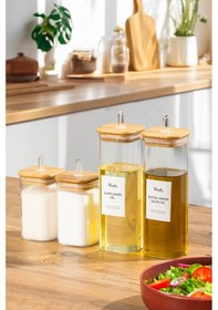 Resim Perotti Cubes Borosilikat 4 Lü Pratik Mutfak Seti Bambu Kapak-yağlık Sosluk Sirkelik Şekerlik Şeffaf 