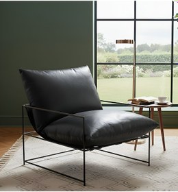 Resim Sller Modern Deri Berjer - Tekli Koltuk Siyah - İskandinav Tasarım Metal Ayaklı Salon Koltuğu Siyah 