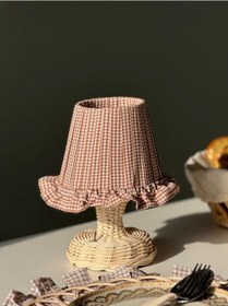 Resim Kahverengi Pötikare Desen Kumaş Rattan Ayaklı Kablosuz Gece Masa Lambası Kahverengi 