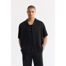 Resim AVVA Erkek Siyah Apaj Yaka %100 Keten Kısa Kol Oversize Fit Gömlek A51Y2209 