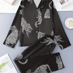 Resim Leopar Desenli Kadın Pijama Takımı, Açık Ön Uzun Kollu Üst ve Uzun Pantolon 2 Parça, Rahat Stil, Tüm Mevsimler, Yetişkin Bedeni 