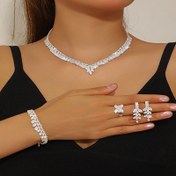 Resim V Şekilli Sentetik Zirkonya Kolye Seti, 4 Aksesuarlı Lüks Gümüş Renkli Kadın Takısı - Düğün ve Partiler İçin Mükemmel 
