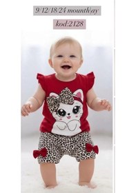 Resim Peruflic 9/24 Ay Leopar Kedi Baskılı Bebek Takımı Kırmızı 