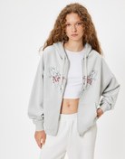 Resim Oversize Fermuarlı Sweatshirt Kapüşonlu Kolej Baskılı Cep Detaylı Şardonlu 