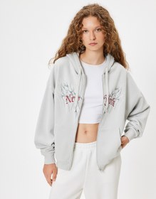 Resim Oversize Fermuarlı Sweatshirt Kapüşonlu Kolej Baskılı Cep Detaylı Şardonlu 