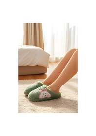 Resim Ft 101 Tavşan Nakışlı Kadın Ev Terliği Peluş Terlik Çeyiz Ve Bohça Terliği Ses Yapmaz Kalın Taban Yeşil 