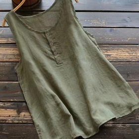 Resim Kadınların Vintage Esintili Kolsuz Atleti - Yuvarlak Yaka, Düğme Detayı, Düz Renk, Bahar/Yaz/Sonbahar İçin Bol Kesim, Polyester Kumaş, Günlük Giyim|Vintage Atlet|Parlak Dokulu 