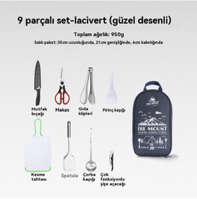Resim Açık Ocak Dokuz Parçalı Kamp Barbekü Paslanmaz Çelik Kesici Kesme Tahtası 9 Parçalı Lacivert Baskı Seti Lacivert 