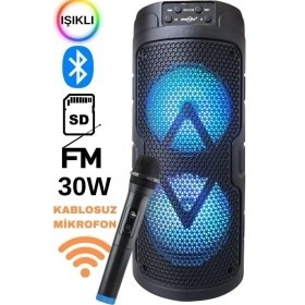 Resim Ensiga Işıklı Büyük Boy Party Box Bluetooth Hoparlör Taşınabilir Şarjlı Ses Sistemi Kablosuz Karaoke Mic 