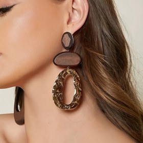 Resim Kadınlar için 1 Çift Şık Vintage Esintili Kahverengi Ahşap ve Metal Geometrik Asimetrik Düşük Küpeler - Günlük Kıyafet veya Tatil İçin Şık Aksesuar Takıları, Yenilikçi Küpeler 