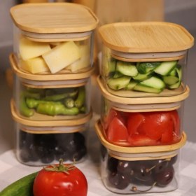 Resim AtbyhomeDuo 400ML 6'lı Bambu Vakumlu Kapaklı Cam Kahvaltılık Seti 