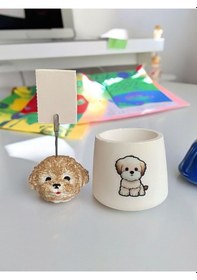Resim Sevimli Poodle Köpek Temalı Kalemlik Saksı Ve Not Tutucu Seti Renkli 