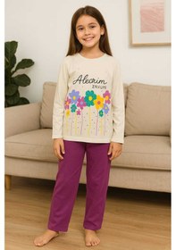 Resim Çocuk Pijama Takımı %100 Pamuk Çiçek Desenli Krem 