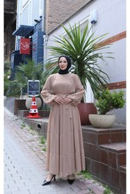 Resim HNT Hayrunnisa Tesettür Kuşaklı Kat Kat Şifon Elbise Vizon HNT8595 