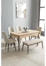 Resim Loft Meşe Desen 80x132 Açılabilir Mdf Masa Yemek Odası Takımı, Mutfak Takımı 4 Sandalye, 1 Bench Krem 