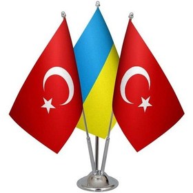 Resim Masa Üstü Ukrayna Bayrağı Türk Bayrağı Üçlü Krom Direk Masa Bayra 