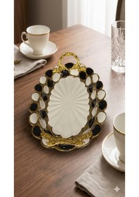Resim Sembol Porselen Lüks Oval Sunum Tepsisi 30x19 Cm - Siyah Beyaz Gold Beyaz - Altın 