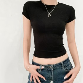 Resim Kadınlar için Yüksek Esneklikli Dar Kesim Kısa T-Shirt - Seksi Bel Tanımlayan Kabartmalı Yuvarlak Yaka Kısa Kollu Üst, Düz Renk Günlük Gömlek İlkbahar Yaz Sonbahar İçin, Makinede Yıkanabilir, Bayan Tişörtleri, Yan Profil Tee, Rahat Giyim 