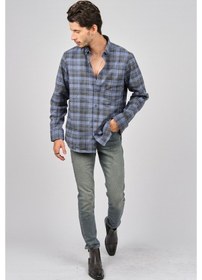 Resim De Leone Erkek Çizgili Uzun Kollu Yün Apre Gömlek 0171102 Koyu Ma Koyu Mavi 