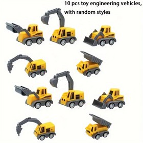 Resim 10-Lu Mini İnşaat Araçları Oyuncak Seti, Çeşitli Stiller, Sarı Plastik Ekskavatör, Vinç, Damper Kamyon Modelleri, Parti Hediyeleri, Cadılar Bayramı ve Noel Hediyeleri için İdeal 