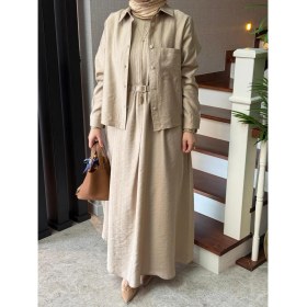 Resim Esra Butik Bej Renk Pamuklu Tensel Kumaş Tunikli Tesettür Elbise Takımı 
