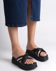 Resim Clara Düz Topuklu Kurdele Desenli Taşlı Kalın Ve Ortopedik Taban Kadın Terlik Cst - Siyah Siyah 