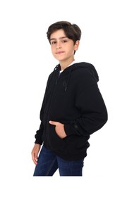 Resim Toontoy Kids Toontoy Erkek Çocuk Kapüşonlu Fermuarlı Cepli Düşük Omuz Baskılı Örme Hırka - 3 İplik Şardonsuz Siyah 
