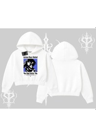 Resim Kapşonlu Crop Sweatshirt Oversize Anime Kız Baskılı Beyaz 