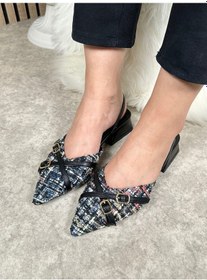 Resim Günlük Kadın Abiye Kalın Kısa Topuklu Renkli Çift Şerit Örme Hasır Ayarlanabilir Tokalı Ayakkabı 457 Karışık Siyah 