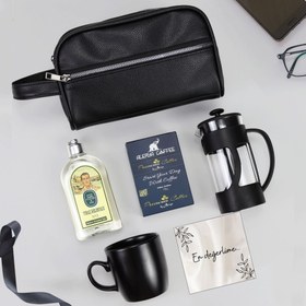 Resim Siyah Suni Deri Erkek El Çantası & Eyüp Sabri Tuncer Tıraş Kolonyası & Alerya Premium Filtre Kahve & Siyah French Press & Siyah Kupa Hediye Seti 