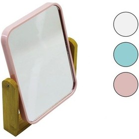 Resim Dikdörtgen 20.5x15.5cm Ahşap Bambu Ayaklı Makyaj Aynası Çift Taraflı Renkli Plastik Çerçeve 