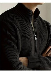 Resim Tarz Cool Erkek Dik Yaka Fermuarlı Slim Fit Triko Hırka Kahverengi 