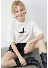 Resim Shade Kadın But Why Penguen Baskılı Oversize Pamuklu T-shirt Öt261009 60283986 - Beyaz 
