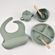 Resim 6 adet Bebek Sofra Seti Gıda Sınıfı Silikon Yemek Tabak, Sökme ile Çerez Kasesi, Çatal, Kaşık, Bebek Önlüğü ve Pipetli Bardak Tam Set Anneler Günü ve Şükran Günü Hediyeleri için 