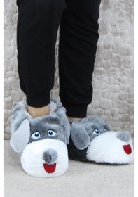 Resim Fort Sevimli Köpek Figürlü Peluş Panduf Hayvanlı Yumuşak Kadın Panduf Gri 