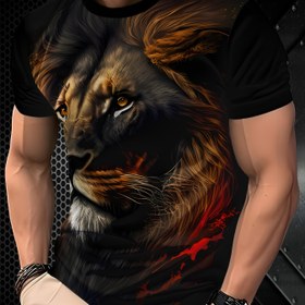 Resim Erkekler için Aslan Baskılı Moda Tişört - Günlük Dış Mekan & Spor Yuvarlak Yaka Tişört, %100 Polyester, Makinede Yıkanabilir, Alev Detaylı Canlı Aslan Baş Tasarımı, Aslan Dekoru 