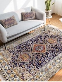 Resim RealHomes Lacivert Zeminde Uşak Motifli Kilim Desenli Avangarde Vintage Yatak Odası Kaymaz Taban Saçaklı Halı HaliDik-Deluxe-11486, 80 x 200 