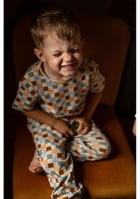 Resim Antebies Organik Gots Sertifikalı Pastel Damalar Desen Bel Lastikli Tshirt Pantolon Erkek Çocuk Pijama Takımı Bej 