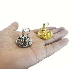 Resim Bebe Evleri ve Ev Dekorasyonu Aksesuarları İçin Uygun Dekoratif Mikro Peyzajlı Mini Metal Çay Takımı 