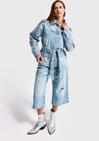 Resim Kadın Ice 12s6-32 Oversize Kemer Detaylı Yırtık %100 Koton Denim Ceket - Ice Rengi / M 