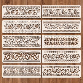 Resim 10 adet Çizgi Sınır Dekorasyon Boyama Şablonları, çiçek sınır şablonları, 29.97cm * 9.91cm Duvarlar, Mobilya, Ahşap ve Kağıt Üzerine Boyama için Yeniden Kullanılabilir Mobilya Satırı Şablonu, Yıkanabilir 