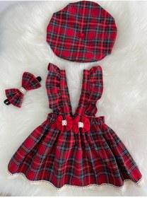 Resim Moda Lina Kız Bebek Dantelli Kırmızı Ekose Elbise Bandana Şapka Set 