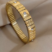 Resim Paslanmaz Çelik Esnek Bileklik - Erkek ve Kadın için Vintage Taşlı Altın Tonlu Dikdörtgen Bağlantılar, Esnek Rahat Tasarım, Dayanıklı Unisex Moda Aksesuarı, Günlük ve Resmi Kullanım İçin, Minimalist Tasarım, Lüks Görünüm 