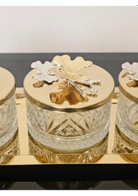 Resim Atabey Home Collection 3'lü Kelebekli Gold Tepsili Kase Seti & Şekerlik & Sunumluk & Çerezlik 