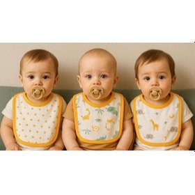 Resim % 100 Pamuk - Hassas Bebek Teni İçin Yumuşak Dokulu- 0-18 Aylık 3 Lü Bebek Mama Önlüğü Seti 