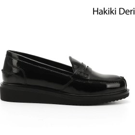 Resim Gönderi(r) Kadın Siyah Rugan Dolgu Taban Hakiki Deri Loafer Ayakkabı 