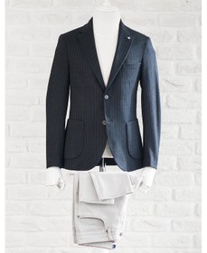 Resim Akçaylar Slimfit Torba Cep Çizgili Mono Yaka Astarsız Çift Yırtmaç Likralı Kışlık Erkek Tek Ceket Lacivert 